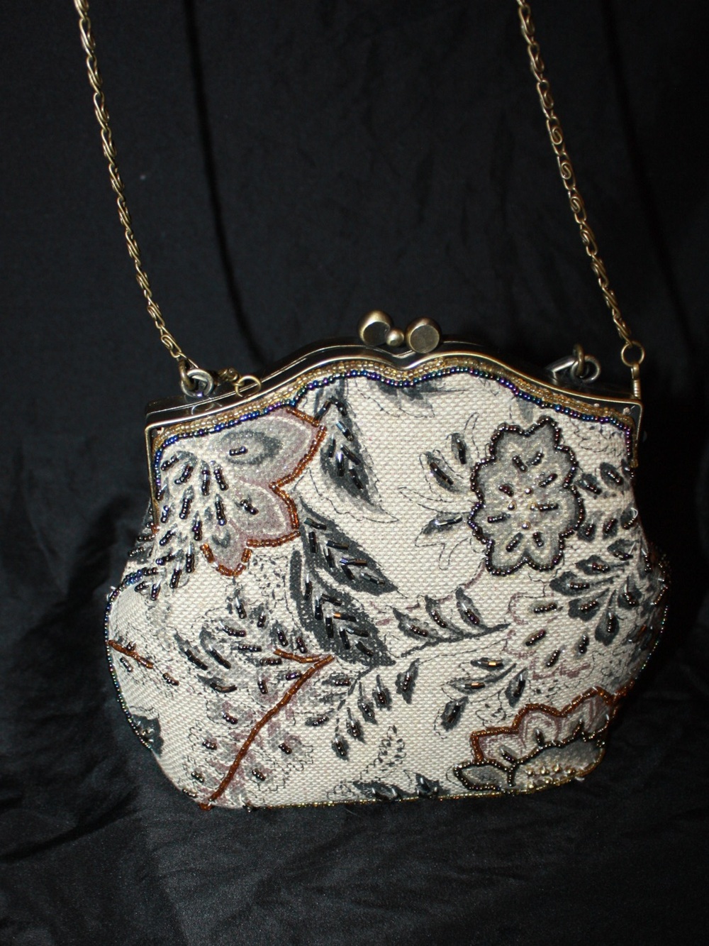 Vintage Beaded Floral Evening Bag in Cream and Black
